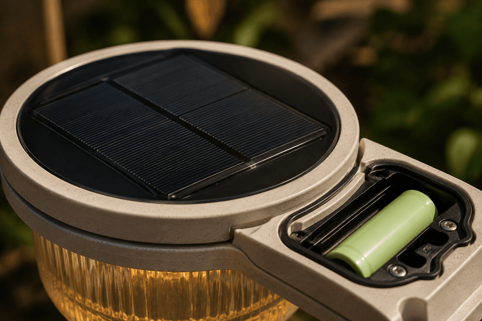 Close view of the solar panel, weather seal and enclosed battery compartment