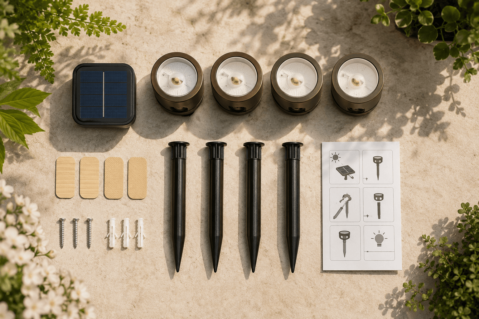 Solar lighting parts and mounting accessories arranged for inspection