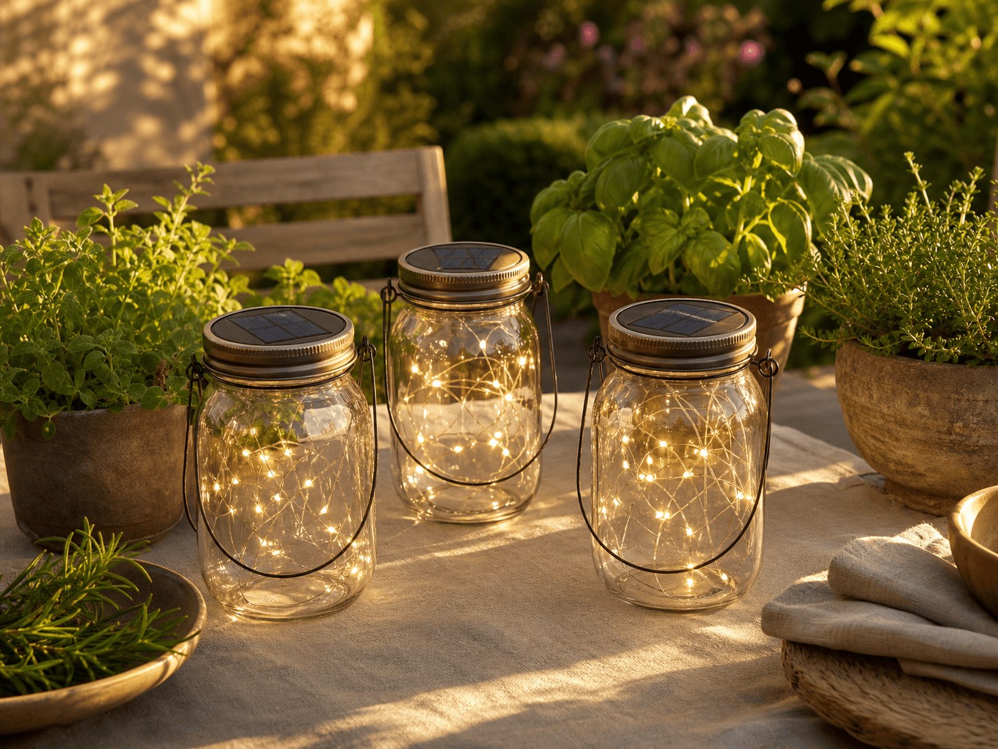 Three solar fairy jars adding warm light to an outdoor table