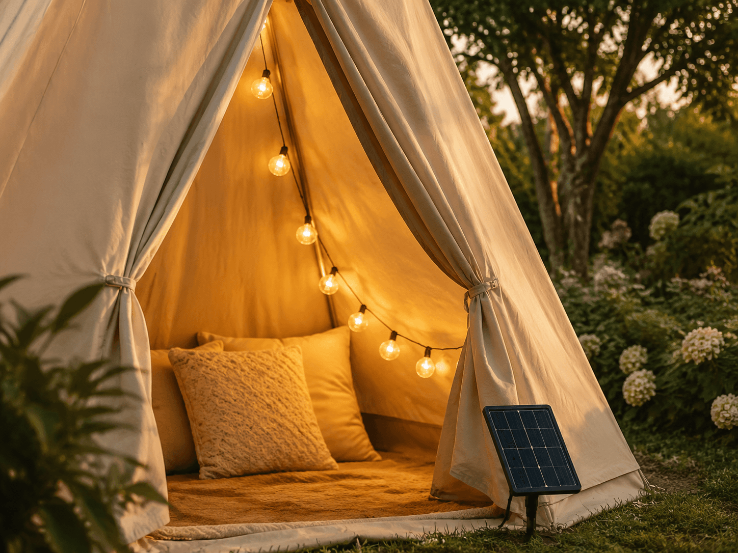 Solar Hanging String for Tent in an outdoor solar lighting setting