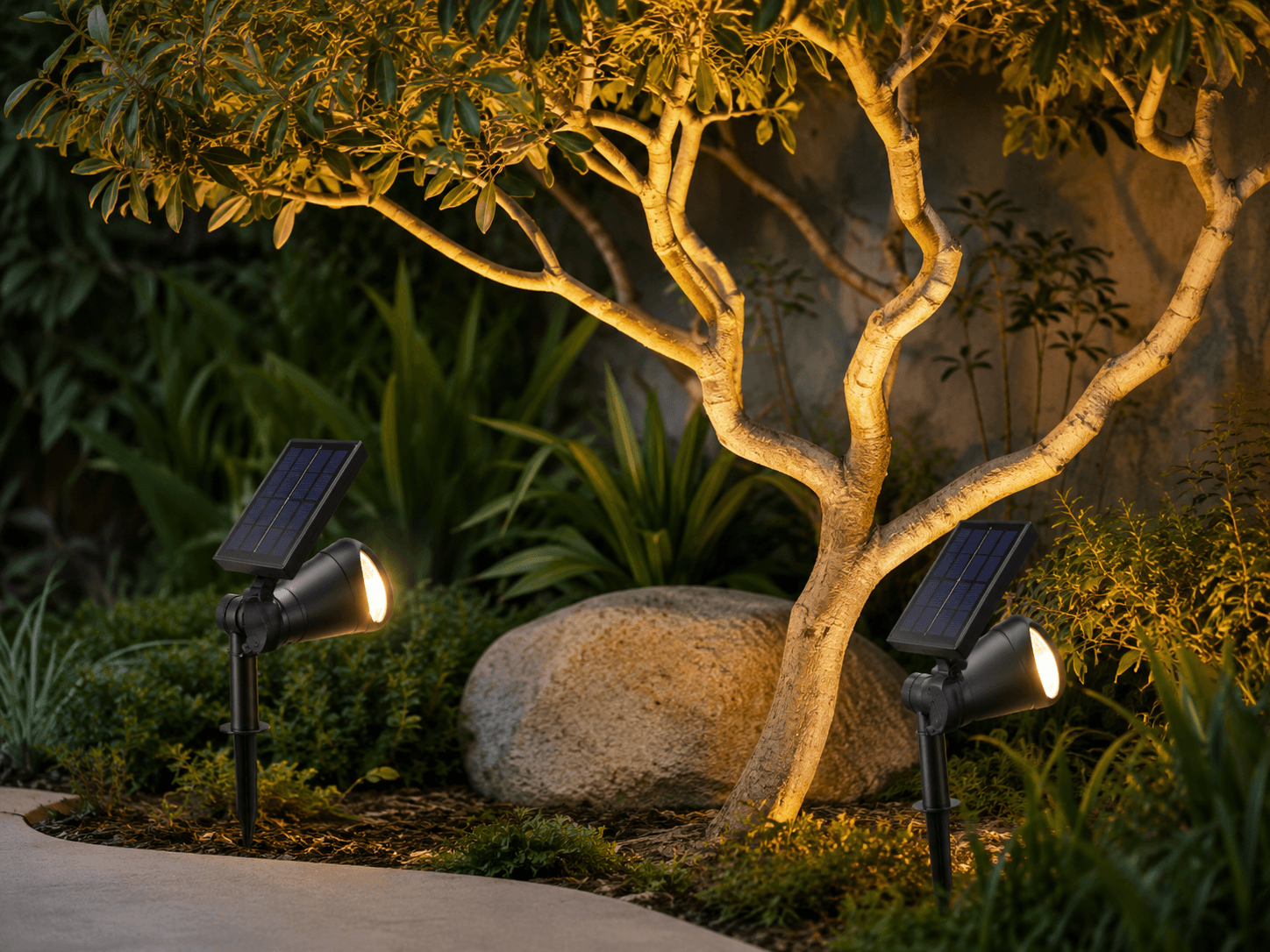 Solar Stake Spotlight Duo in an outdoor solar lighting setting