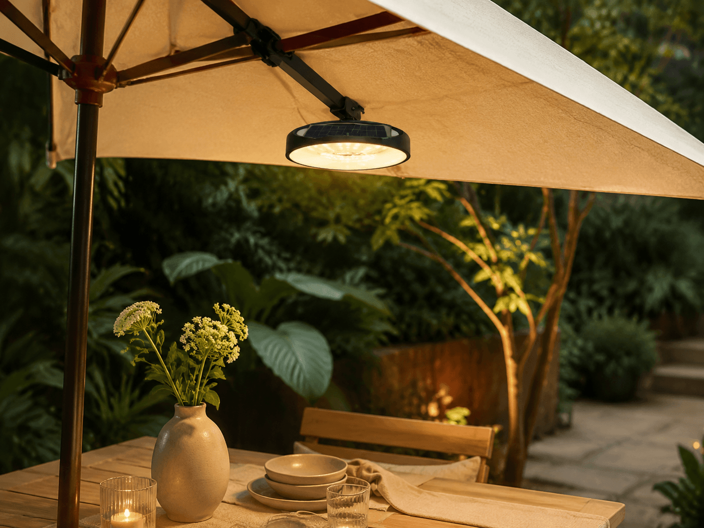 Solar Umbrella & Parasol Light in an outdoor solar lighting setting