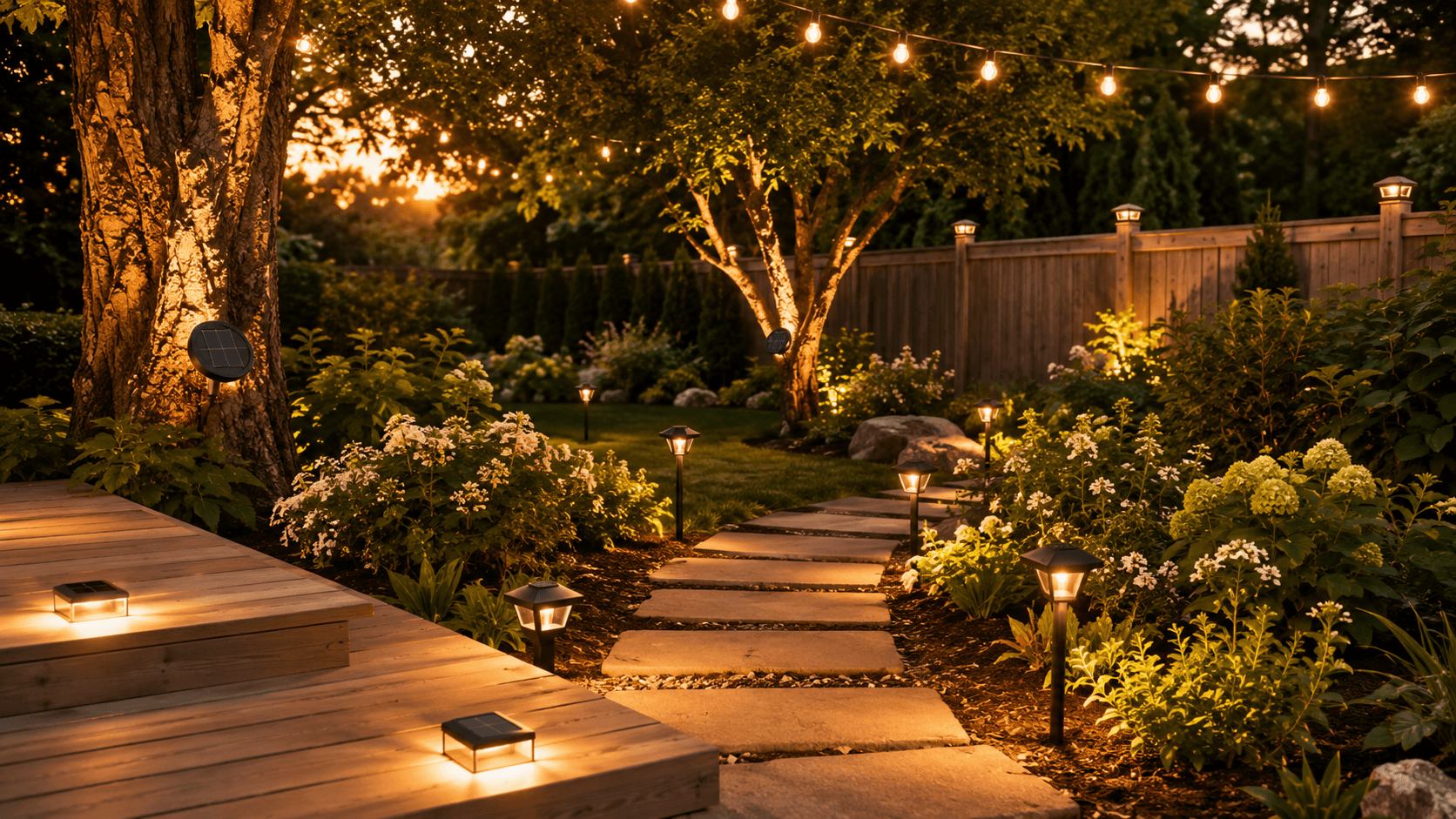 Coordinated solar lighting arranged across a landscaped outdoor setting